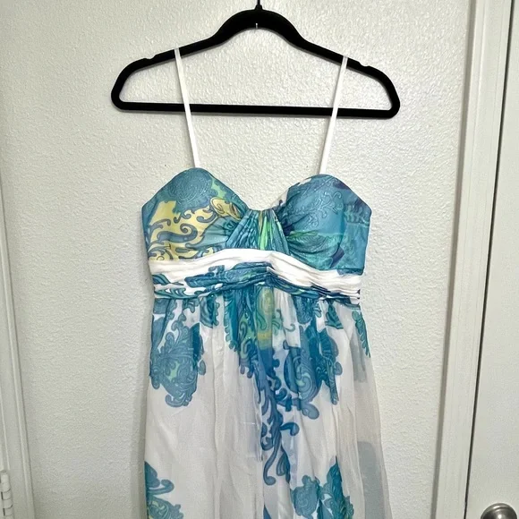 Caché Size 8 Blue Green Paisley Chiffon Maxi Dress Resort Evening Event Prom - Picture 3 of 11